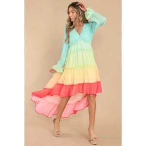 Vici Wavelength Rainbow Dress Sz L Tiered Ruffle Pastel Hi Lo Maxi Beach Dress